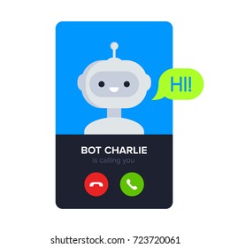 Robot calling to customer. Cute smiling bot say Hi and waits answer to call. Online customer service calling concept. Virtual assistant calling to user. Vector illustration in flat style