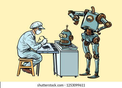 The robot came to repair the head. Electronics engineer specialist. Pop art retro vector illustration kitsch vintage