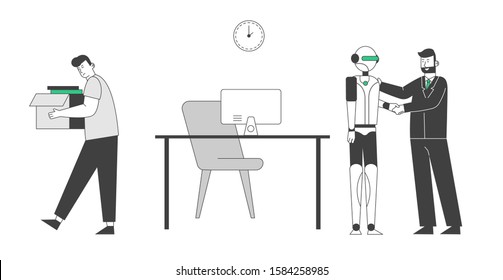 Robot Came at Work Place Instead of Person. Man Fired and Thrown Out of Office. Cyborg Kicked Human Away from Job. Artificial Intelligence Domination Concept. Flat Vector Illustration, Line Art