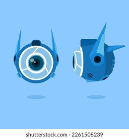 Robot camera. Flat style. Front and side view. Vector graphics