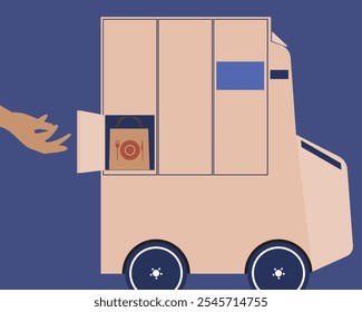 Robot car delivering products and hand as automated delivery concept, flat vector stock illustration