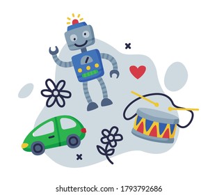 Robot, Car, Drum Baby Toys Set, Kids Game Various Objects Cartoon Vector Illustration