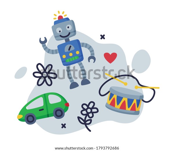 Robot, Car, Drum Baby Toys Set, Kids Game\
Various Objects Cartoon Vector\
Illustration