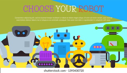 Robot with car wheel, robotic humanoids for kid party poster vector illustration. Happy birthday party welcome. Futuristic artificial intelligence technology. Electronical device.