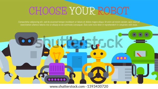 Robot with\
car wheel, robotic humanoids for kid party poster vector\
illustration. Happy birthday party welcome. Futuristic artificial\
intelligence technology. Electronical\
device.