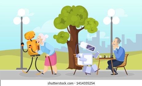 Robot care about old people concept. Artificial intelligence walking with woman and play chess with man. Support and assistance. Vector illustration in cartoon style