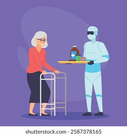 Robot caregiver presenting tray of medicine to elderly woman using walker. Advancement in healthcare technology and support systems for seniors concept