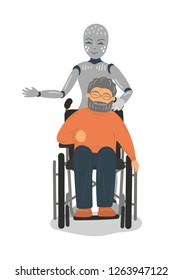 Robot caring for disabled senior man in wheelchair. Elderly man in wheelchair with robot on white background. Futuristic concept. 