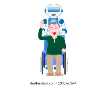 A robot caring for elderly people in wheelchairs.
