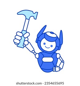Robot carpenter character. Robot holding hammer