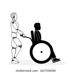 the robot carries a man in a wheelchair. help of the robot. vector illustration.