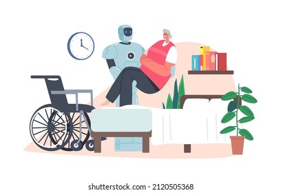 Robot Carry Disabled Woman from Wheelchair to Bed. Handicapped Senior Female Character Use Support of Cyborg at Home. Domestic Personal Robot for Old People Assistance. Cartoon Vector Illustration