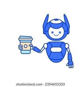 Robot carrying coffee cup vector illustration. Robot mascot character illustration