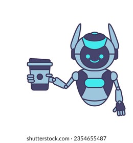 Robot carrying coffee cup vector illustration. Robot mascot character illustration