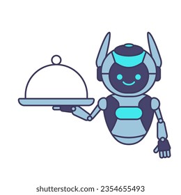 Robot carrying covered plate for serving vector illustration. Waiter robot mascot