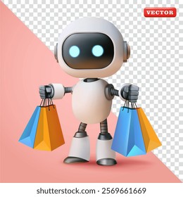 Robot carrying shopping bags, 3d vector. Suitable for shopping, advertising and technology