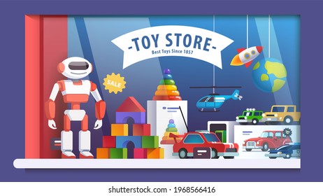 Robot, cars, pyramid, helicopter, rocket, blocks in boy toy store window. Colourful storefront display decoration. Childhood, children goods sale shop market. Flat vector isolated illustration
