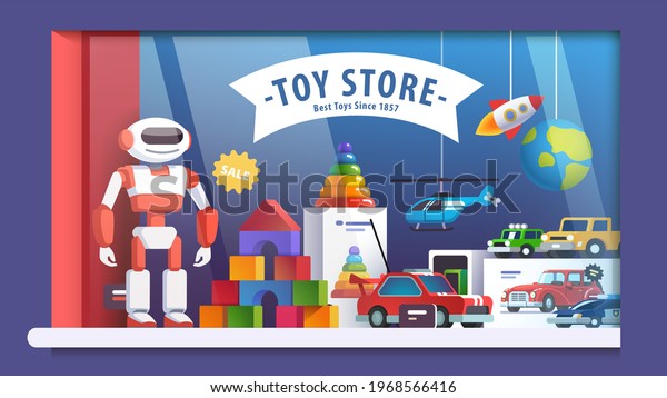 Robot, cars, pyramid, helicopter, rocket,\
blocks in boy toy store window. Colourful storefront display\
decoration. Childhood, children goods sale shop market. Flat vector\
isolated illustration