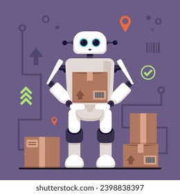Robot con cajas de cartón que entregan productos a los clientes. Ilustración vectorial plana. Negocio digital, servicio de entrega, concepto de inteligencia artificial