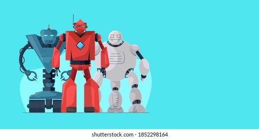 Robot cartoon character set on blue horizontal banner template. Future robotic technology poster concept. Friendly mechanical autonomous computer humanoid artificial intelligence assistant vector eps