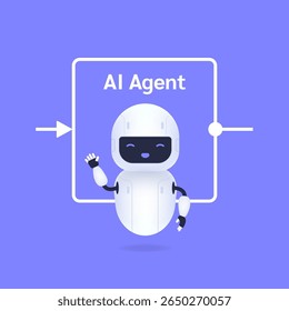 Robot cartoon character waving hello with AI agent workflow design, representing advanced technology and automation illustration.