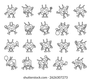 Robot cartoon characters with emotions gestures actions expressions gifts love and surprise in cute kawaii outline style