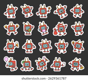 Robot cartoon characters with emotions gestures actions expressions gifts love and surprise in cute kawaii outline style