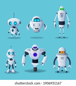 Robot cartoon characters of vector ai future technology and science design. Artificial intelligence machines, cyborgs, humanoid robots with white metal body parts, buttons and cute faces