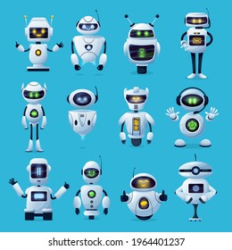 「ベクターAIや人工知能ロボットを使ったロボットのキャラクター。 かわいい顔画面、アンテナ、マニピュレータを備えた現代の白いロボット、おもちゃ