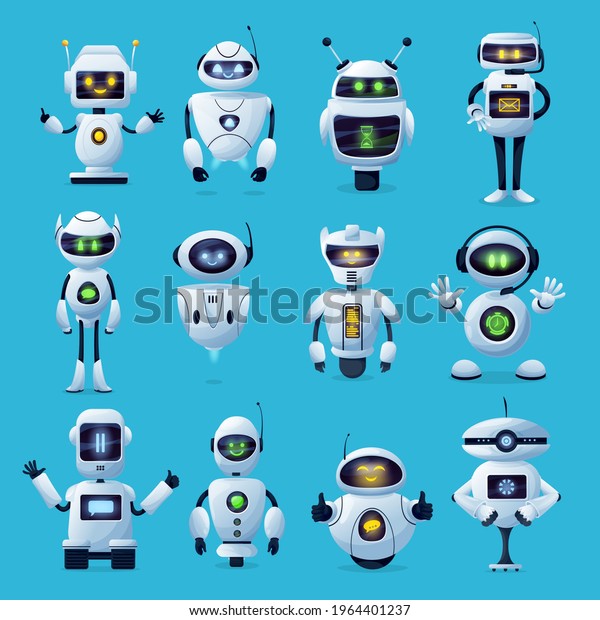 ベクターaiや人工知能ロボットを使ったロボットのキャラクター かわいい顔画面 アンテナ マニピュレータを備えた現代の白いロボット おもちゃ 人型のドロイド おしゃべり のベクター画像素材 ロイヤリティフリー