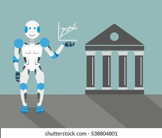 Robot cartoon with graph and stock exchange building. Eps 10 vector file.