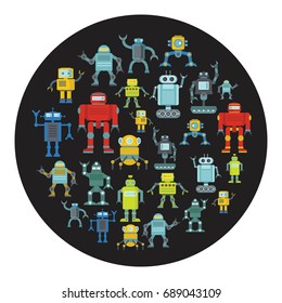 Robot cartoon icons set vector illustration for design and web isolated on black circle background. Robot vector object for labels, logos and advertising