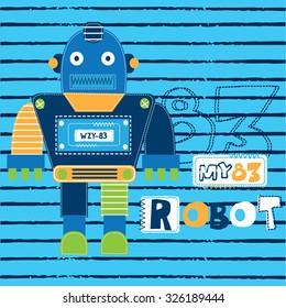 robot cartoon on striped background, T-shirt design vector illustration