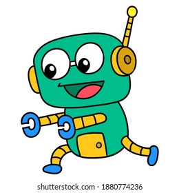 robot cartoon running around happily, doodle icon image. cartoon caharacter cute doodle draw