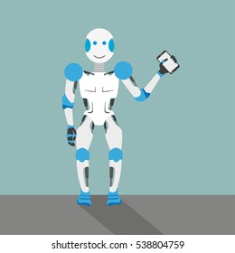 Robot cartoon with smartphone on the gray background. Eps 10 vector file.