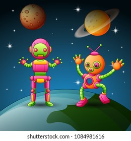 Robot cartoon together in the space