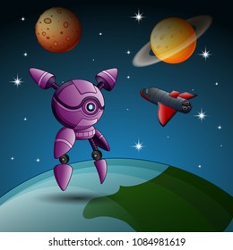Robot cartoon together in the space