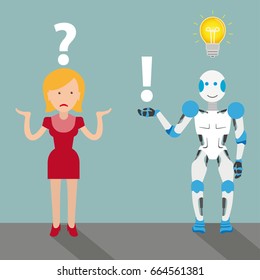 Robot cartoon with woman, question, answer and bulb on the gray background. Eps 10 vector file.