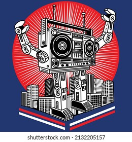 ROBOT CASSETTE MACHINE IN THE MIDDLE OF A CITY RAISING ITS ARMS