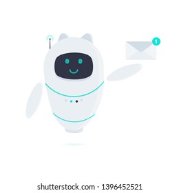 Robot cat chatbot icon sign flat style design vector illustration isolated on white background. Cute AI cat bot helper mascot character with new message letter envelope symbol business assistant.