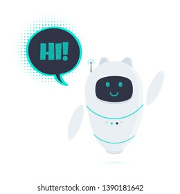 Robot cat chatbot icon signsaying hi in speech bubble flat style design vector illustration isolated on white background. Cute AI cat bot helper mascot character concept symbol business assistant.