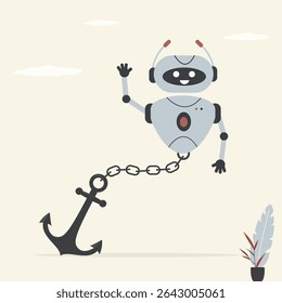 Robot chained to huge anchor. Ban or control robots, fear of future. Stop industrial robots, ban mechanical bot, chatbot. Protection from fast development of technology. Control over ai. flat vector