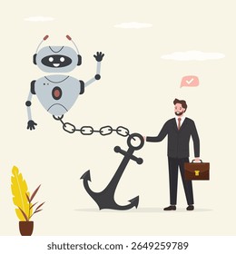 Robot chained to huge anchor. Ban or control robots, fear of future. Stop industrial robots, ban mechanical bot, chatbot. Protection from fast development of technology. Control over ai. flat vector