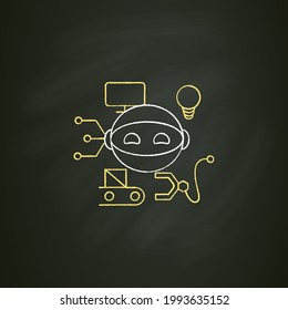 Robot chalk icon. Smart production robot. Robotizing. Modern technologies. Future. Available Services.Digital transformation concept. Isolated vector illustration on chalkboard
