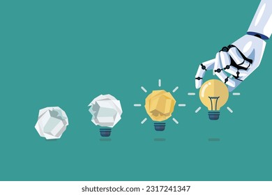 Robot changing gabage to idea. Process of changing crumpled paper into perfect idea. Business concept. Vector illustration