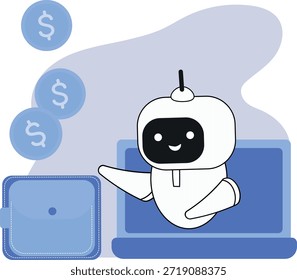 Personaje robot, asistente financiero de IA, gestión de pagos automática, planificador de gastos financieros, trabajo en línea, ganar dinero con inteligencia de máquinas. Trabajo en línea, asistente de negocios virtual