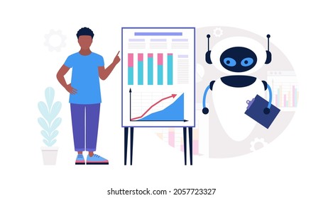 Robot with character analyzing infographic, project, statistics. Vector illustration in a flat style