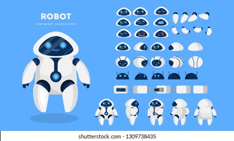 Robot character for the animation with various views, hairstyle, emotion, pose and gesture. Artificial inteligence and cyborg. Isolated vector illustration in cartoon style