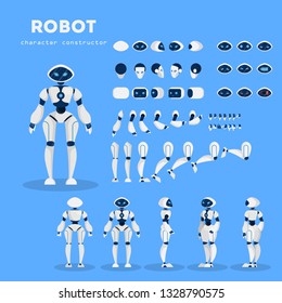 Robot character for the animation with various views, hairstyle, emotion, pose and gesture. Artificial inteligence and cyborg. Isolated vector illustration in cartoon style