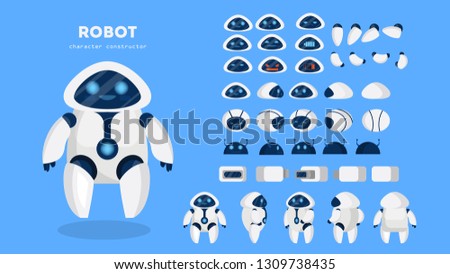 Robot character for the animation with various views, hairstyle, emotion, pose and gesture. Artificial inteligence and cyborg. Isolated vector illustration in cartoon style